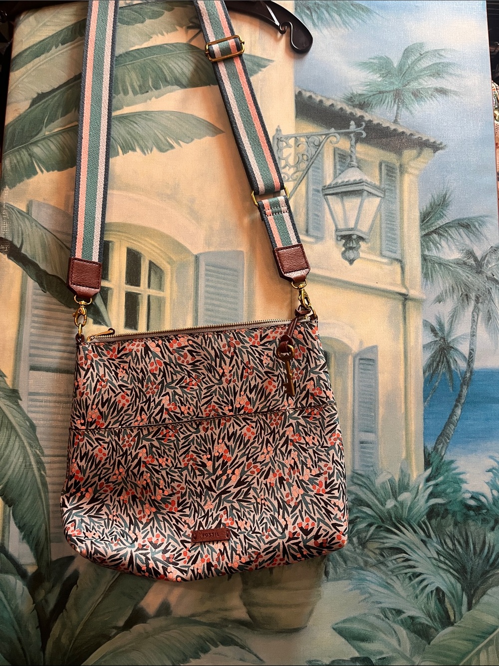 Fossil Crossbody Bag in Coral and Navy Leaf Pattern with adjustable Strap